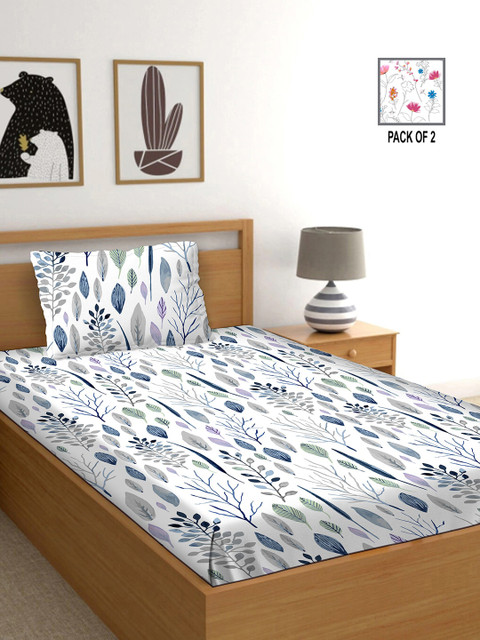 

BELLA CASA White & Blue Ethnic Motifs 250 TC 2 Single Bedsheet with 2 Pillow Covers