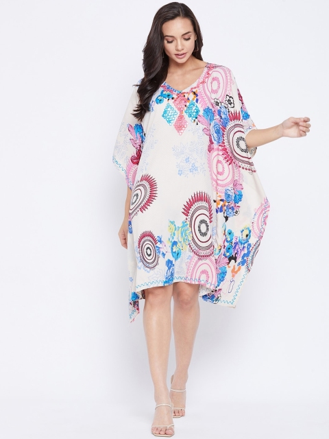 

Ruhaans Women Off White & Pink Ethnic Motifs Crepe Kaftan Dress
