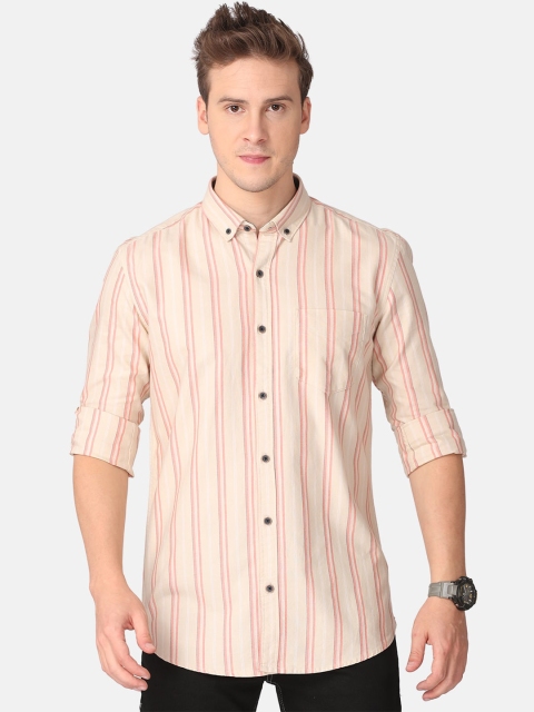 

FOGA Men Cream-Coloured Slim Fit Pure Cotton Water Proof Striped Casual Shirt