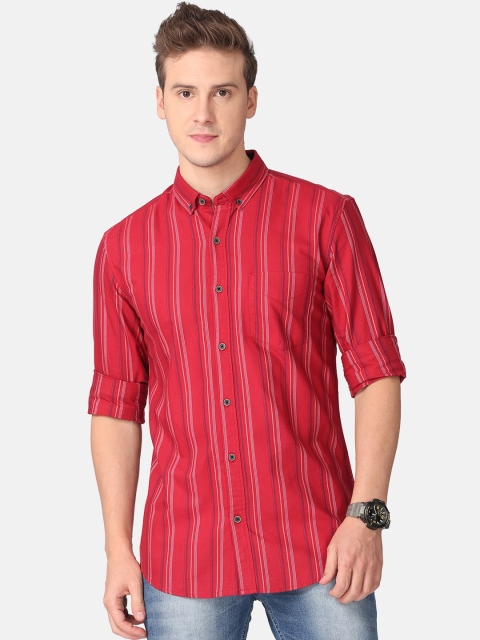 

FOGA Men Red Slim Fit Pure Cotton Water Proof Striped Casual Shirt
