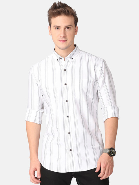 

FOGA Men White Slim Fit Pure Cotton Water Proof Striped Casual Shirt