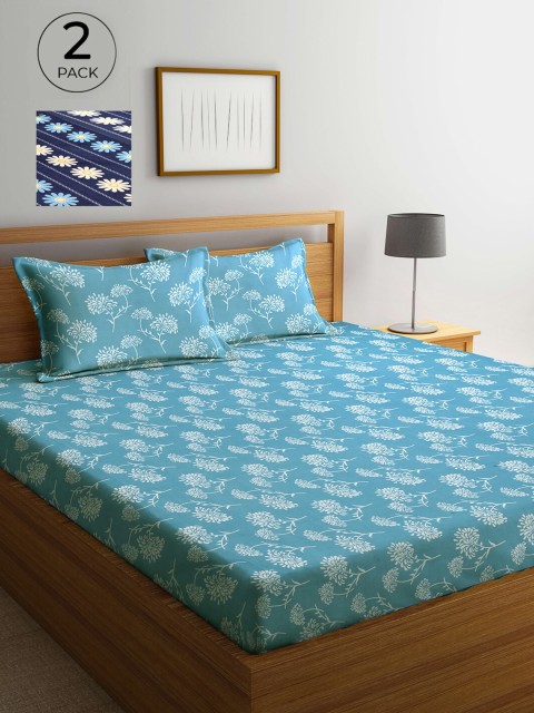 

Arrabi Blue & Navy Blue Floral 300 TC 2 King Bedsheet with 4 Pillow Covers