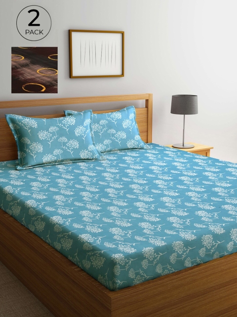 

Arrabi Turquoise Blue & Brown Floral 300 TC 2 King Bedsheet with 4 Pillow Covers