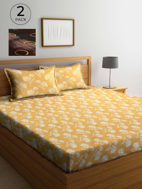 

Arrabi Yellow & Brown Floral 300 TC 2 King Bedsheet with 4 Pillow Covers