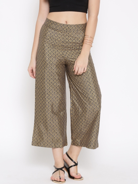 

W Women Golden Printed Cropped Palazzo Trousers, Gold