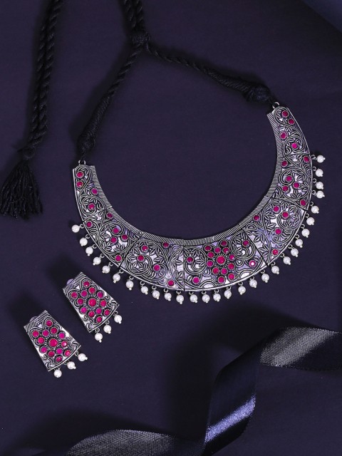 

Yellow Chimes Oxidised Silver-Plated Pink Stone Studded & Beaded Jewellery Set