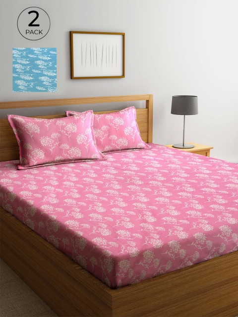 

Arrabi Pack Of 2 Floral 300 TC 2 Double King Bedsheet with 4 Pillow Covers, Pink