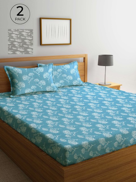 

Arrabi Blue & Grey Floral 300 TC 2 King Bedsheets with 4 Pillow Covers