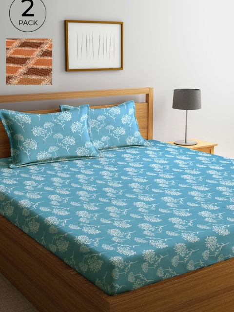 

Arrabi Pack Of 2 Printed 300 TC King Bedsheet with 2 Pillow Covers, Blue