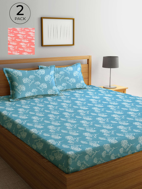 

Arrabi Pack of 2 Floral 300 TC 2 Double King Bedsheet with 4 Pillow Covers, Blue