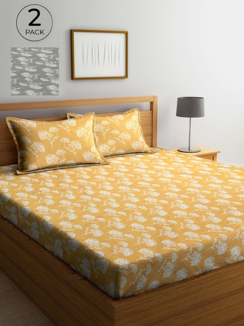 

Arrabi Set Of 2 Yellow & Grey Floral 300 TC King Bedsheet With 4 Pillow Covers