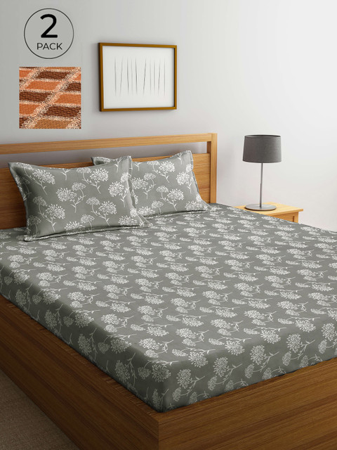 

Arrabi Pack Of 2 Printed 300 TC King Bedsheet with 2 Pillow Covers, Grey