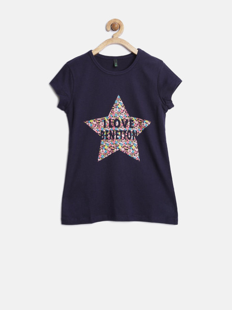 

United Colors of Benetton Girls Navy Printed Round Neck T-Shirt, Navy blue