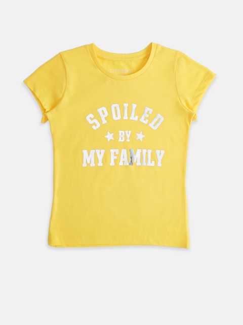 

Pantaloons Junior Girls Yellow White Typography Printed Cotton Pure Cotton T-shirt