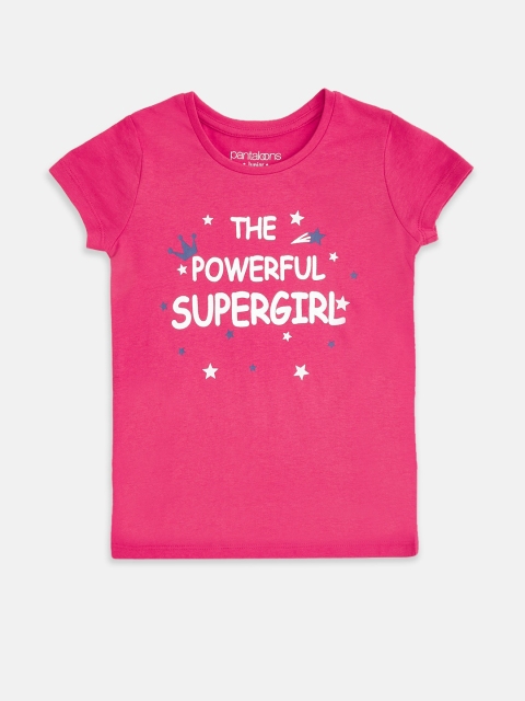 Pantaloons Junior Girls Fuchsia Pink White Typography Printed Pure Cotton T-shirt