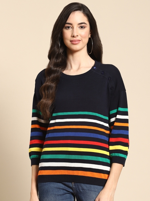 

United Colors of Benetton Women Navy Blue & Yellow Pure Cotton Striped Pullover