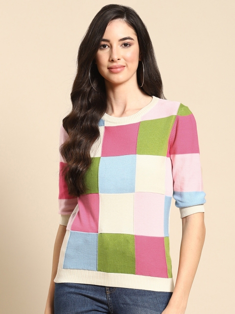 

United Colors of Benetton Women Pink & Green Pure Cotton Checked Pullover