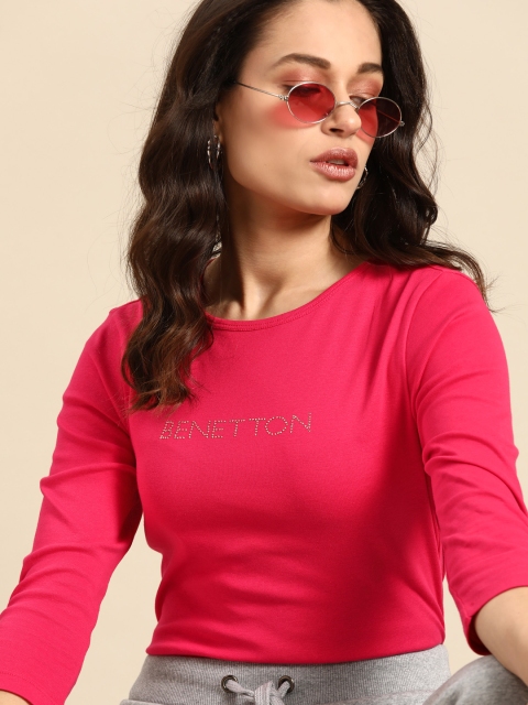 

United Colors of Benetton Women Pink Brand Logo Embellished Pure Cotton T-shirt