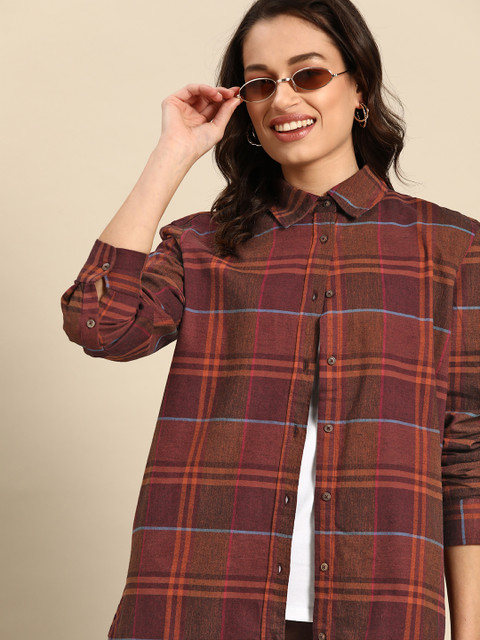 

United Colors of Benetton Women Maroon & Blue Tartan Checks Checked Casual Shirt