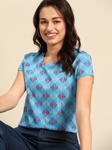 

United Colors of Benetton Women Blue Red Brand Logo Checked Pure Cotton T-shirt