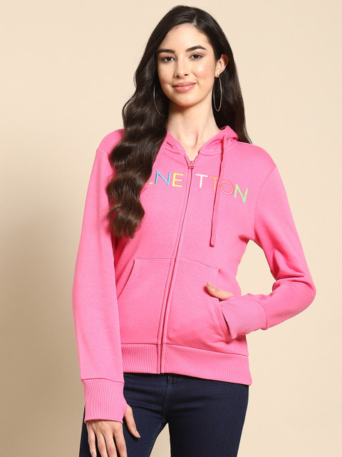 

United Colors of Benetton Women Pink Embroidered Hooded Sweatshirt