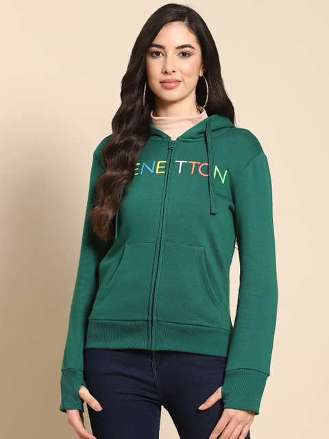 

United Colors of Benetton Women Green Embroidered Hooded Sweatshirt