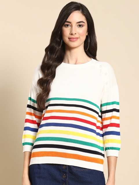 

United Colors of Benetton Women White & Yellow Pure Cotton Striped Pullover