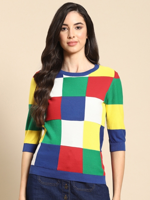 

United Colors of Benetton Women Blue & White Pure Cotton Checked Pullover