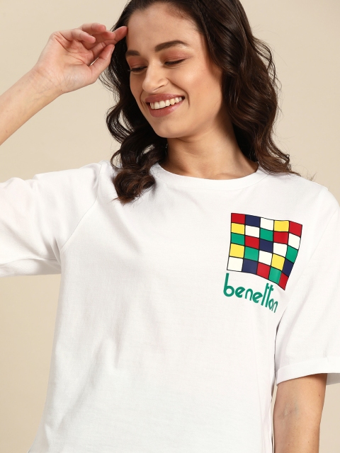 

United Colors of Benetton Women White Green Brand Logo Print Pure Cotton T-shirt