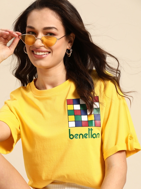 

United Colors of Benetton Women Yellow Green Brand Logo Printed Pure Cotton T-shirt