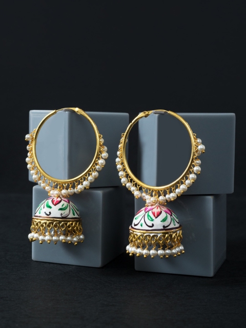 

Golden Peacock White & Gold-Toned Contemporary Jhumkas Earrings