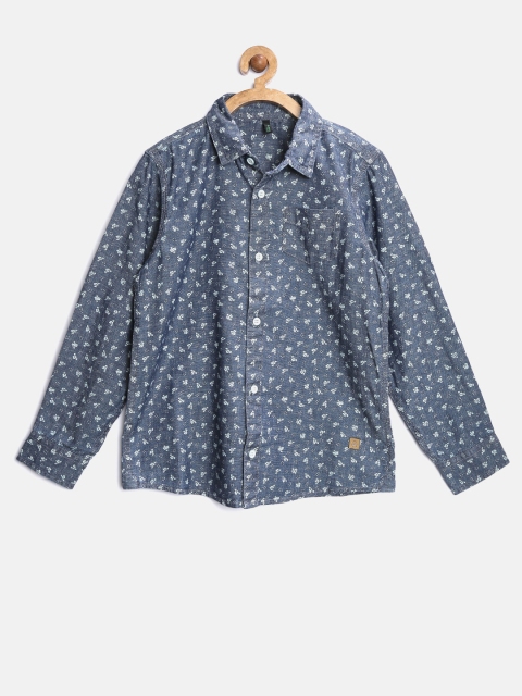 

United Colors of Benetton Boys Navy Chambray Printed Shirt, Navy blue