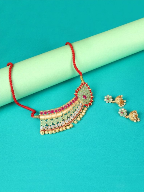 

Efulgenz Gold Plated Red & White Kundan Studded Enamelled Jewellery Set