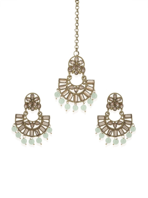 

ANIKAS CREATION Gold Plated Stone Studded & Green Beaded Floral Jadau Jewellery Set