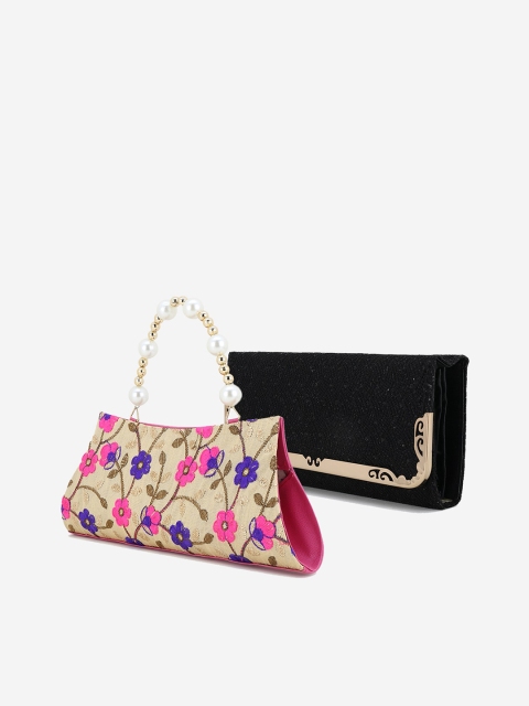 

Element Cart Women Set of 2 Beige & Black Embellished Clutches