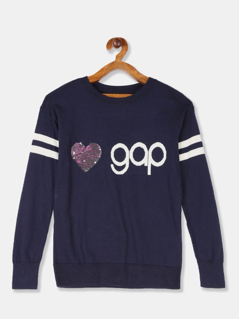 

GAP Girls Navy Blue & White Typography Pullover with Embellished Detail