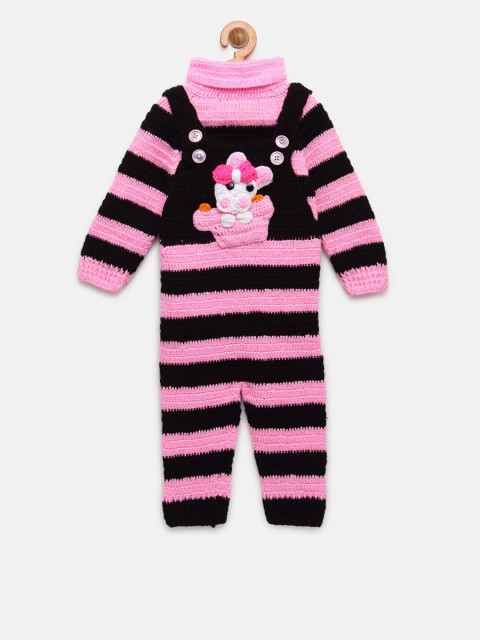 

CHUTPUT Unisex Kids Pink & Black Hand Knitted Striped Top with Trousers Set