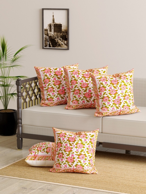 

Gulaab Jaipur Set of 5 Pink & White Floral Hand Block Printed Square Cushion Covers