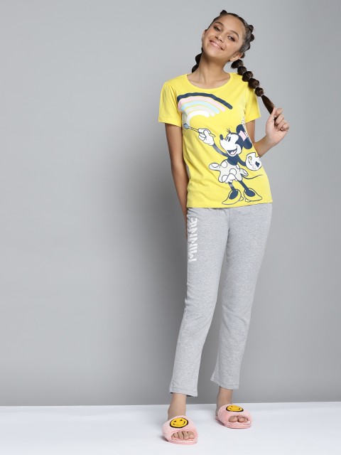 

YK Disney Girls Yellow & Grey Melange Minnie Mouse Print Pyjamas Set