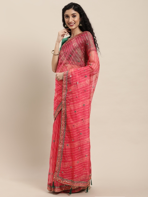 

Mitera Pink & Coral Striped Mirror Work Organza Saree