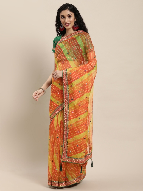 

Mitera Yellow & Coral Striped Mirror Work Organza Saree