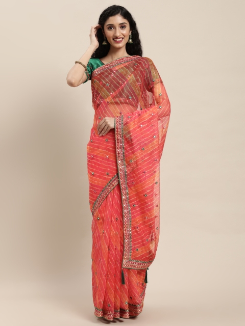 

Mitera Pink Striped Mirror Work Organza Saree