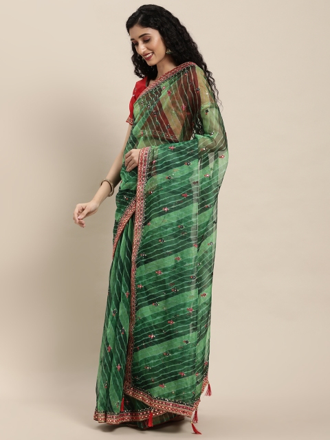 

Mitera Green Striped Mirror Work Organza Saree