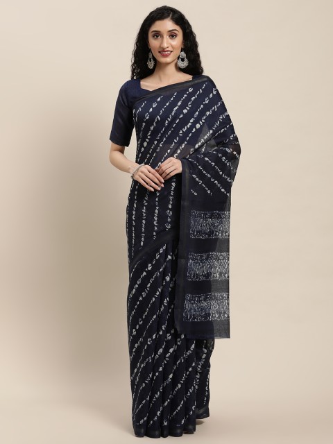 

Mitera Navy Blue Striped Linen Blend Saree