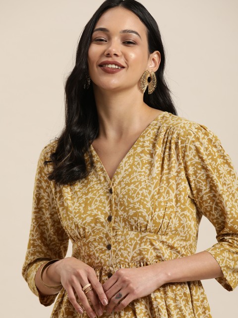 

Taavi Women Mustard Yellow & White Bagru Handblock Print Fit & Flare Dress with Pocket