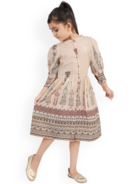 

Ashneeta Cream-Coloured & Maroon Printed Cotton Frock Style Dress With Balloon Sleeves