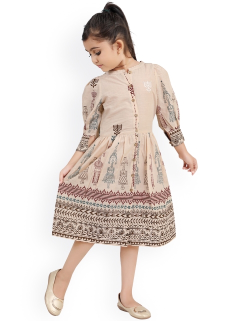 

Ashneeta Cream-Coloured & Maroon Printed Cotton Frock Style Dress With Balloon Sleeves