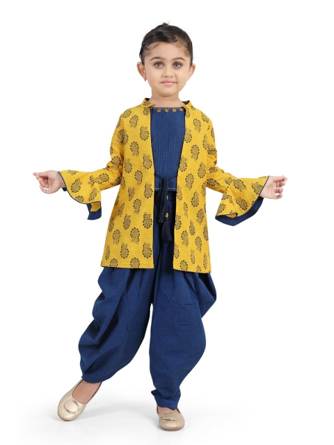 

Ashneeta Girls Navy Blue & Mustard Printed Tunic with Dhoti Pants & Jacket