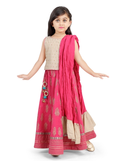 

Ashneeta Girls Beige & Pink Khari Print Ready to Wear Lehenga Blouse &Dupatta