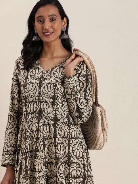 

Taavi Women Beige & Black Bagru Hand Block Print Pure Cotton Ethnic Motif Anarkali Kurta